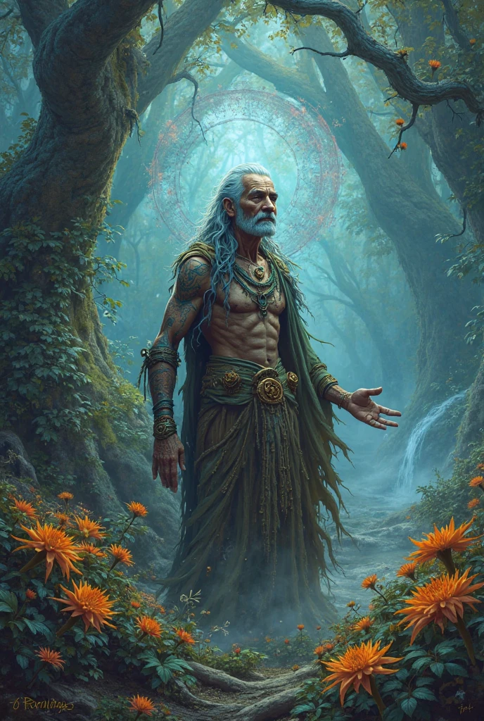 Druid of the Tiferino race, com dreads e barba.