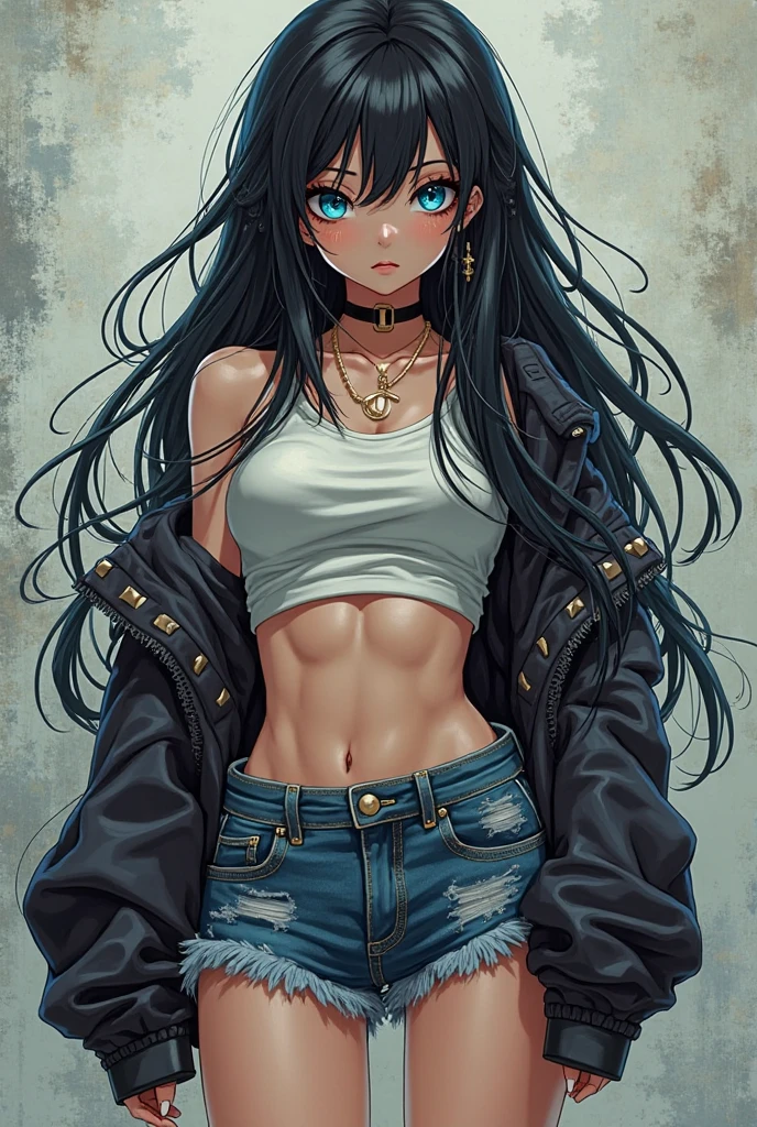 Hinata Hyuga wearing short jeans with holes tattooed body tailored clothes 