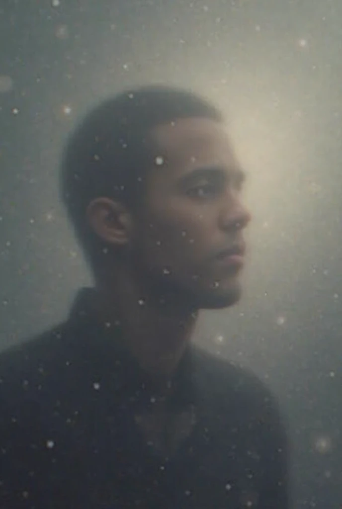 Solitary Man, sitting on the edge of a dark abyss, black edges, twilight, cold and black colors, little more clarity in man, 3 lights shining in the sky in front of the man, a red one, another golden and another green in miscegenation
