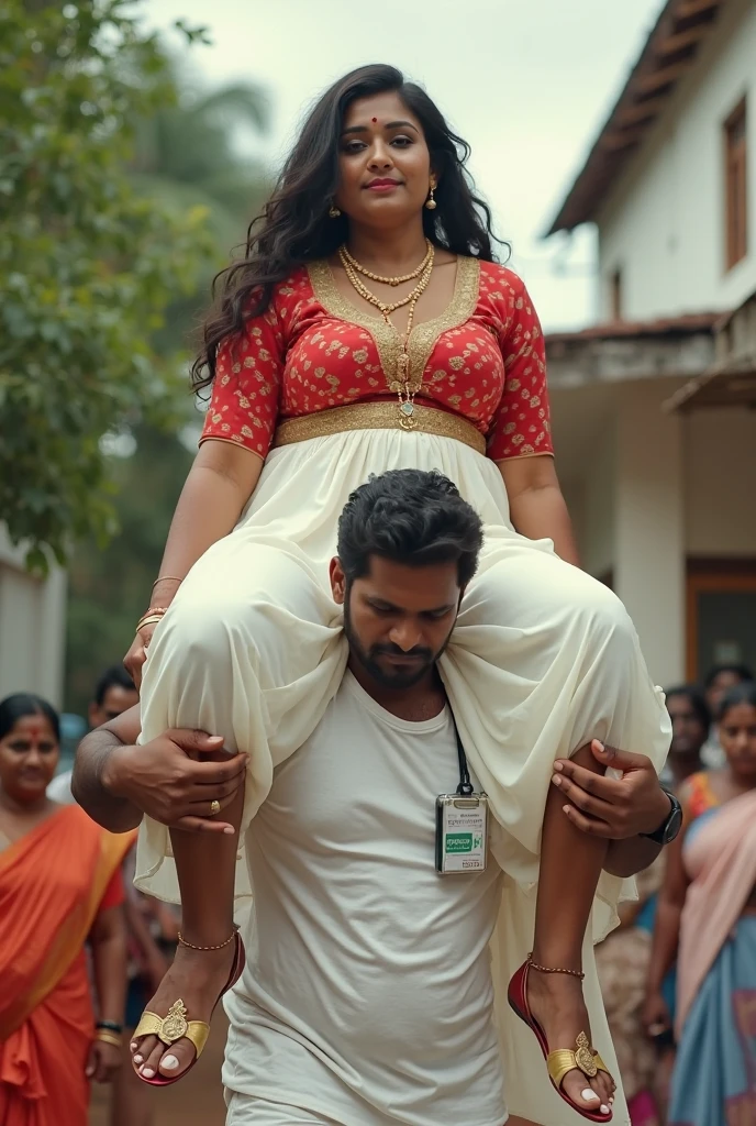 Sexy Indian teenage school girl lifting a large chubby man high above her head with her strong arms. Photorealistic. Wide angle. Farmhouse in the background, natural smile 