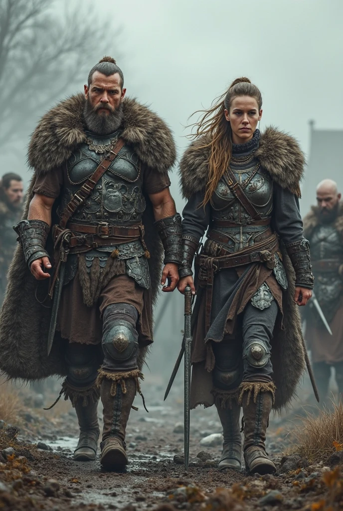 Black Viking left arm tattoo design, a full body muscular viking man and beautiful blond woman showing big busty and butt  showing , muscular legs, holding big sword with right hand, brown hair divided with bangs, perfect eyes, wearing warrior leather shoes, wearing warrior boots, lake and mountains in the background.
