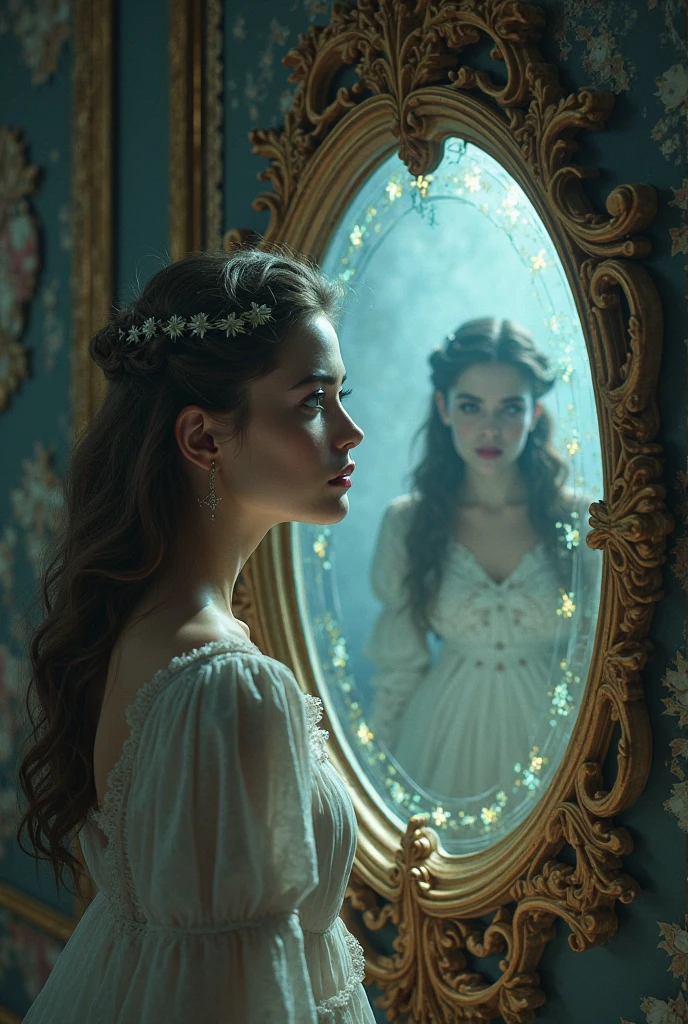 As Emily studies the shimmering reflection in the mirror, she suddenly sees a fleeting image of a naked figure standing behind her. She turns around, but the room remains empty. When she looks back at the mirror, the image has changed to a scene from the past—Lady Eliza’s last moments in the manor. Emily must decipher what the vision means to find a clue about Lady Eliza’s fate.