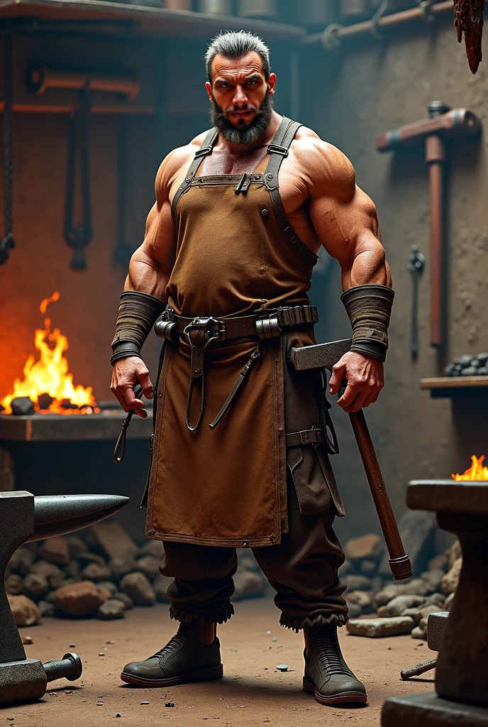 sexyblacksmith, gloves, naked apron, goggles, holding hammer, fire, anvil, spark, photo of a man forging a sword, realistic, masterpiece, intricate details, detailed background, depth of field, asas de anjo homem bonito com asas de anjos e plumas. Penis volumoso