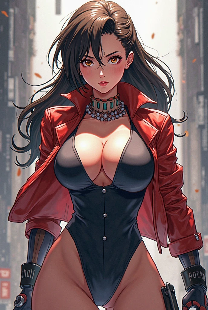 tan skinned (mature woman), long black wavy hair, wearing a few gold ornaments, slender, big boobs, red button shirt, (maroon colored pants), anime style, masterpiece, high quality