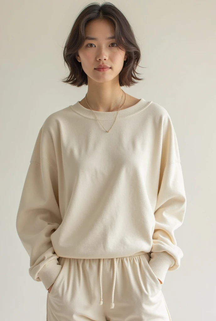 image of lady, wearing plain brown Sweatshirts with, white background