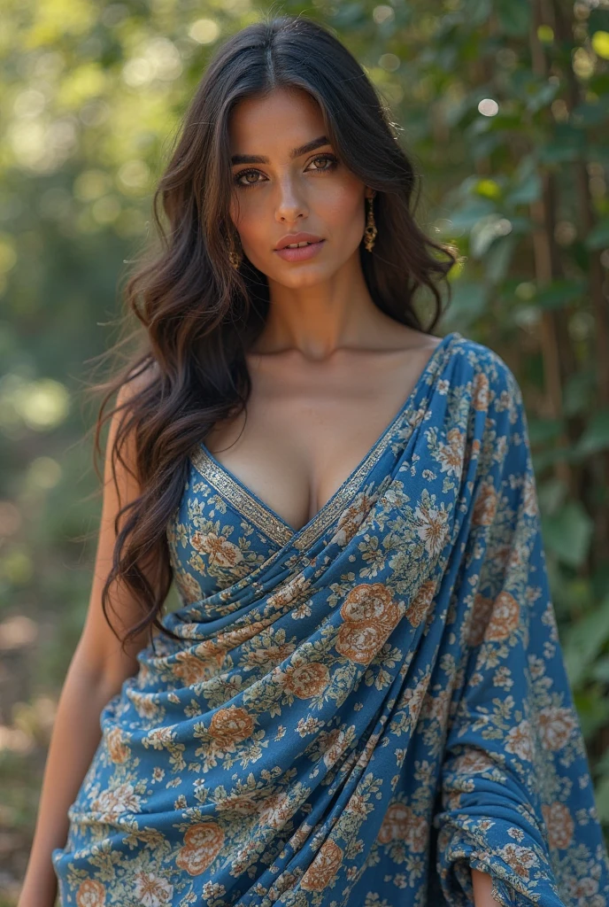 Create an 8k photo with the best quality and masterpiece-level UHD resolution.
- The subject is a beautiful Bengali girl with a chubby body, slim belly, and slim waist, depicted as a princess or queen in a cinematic photoshoot.
- Her appearance should be stunning, with a beautiful face, smooth, white, and spotless skin.
- The shape and symmetry of her eyes should be prominently visible, reflecting their depth and allure with clear and unique iris patterns.
- The brightness of the sclera should make her eyes appear bright and vibrant, with long, thick eyelashes framing her eyes and thick, well-shaped eyebrows.
- She has light blue eyes and wavy hair.
- Her garment design should be modern and elegant, made of high-quality, comfortable fabric like silk.
- The style should feature attractive, contemporary patterns and prints, such as floral designs, with a perfect fit enhancing her beauty.
- The color combination should be vibrant and appealing, with delicate and elegant detailing, such as embroidery.
- She should have a big, round chest, bulging chest, and deep cleavage, with the chest area exposed in an extremely detailed manner.
- The background should be a combination of deep blue and green colors, with touches of light yellow and orange to add vibrancy.
- There should be a huge tree in the center, surrounded by a circle of flowers and a flowing river in the background.
- Sun rays should filter through the leaves, creating a play of shadow and light on the ground.
- The texture of the tree bark and flower petals should be clearly shown.
- Flowers and plants should be balanced on both sides of the tree, with the trunk as the main focal point, attracting attention.
- The contrast of leaves highlighted by the sun rays against the deep blue sky should be evident.
- A calm, flowing river and light hills should be present in the background.
- The scene should be painted in a realistic style. 2