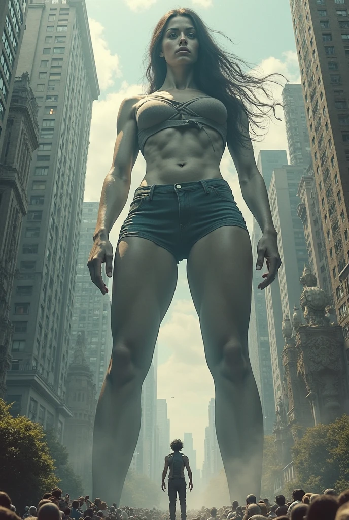 "A towering Giantess in a cool and laid-back hippie style is black bikini. Her toned and athletic build hints at her massive strength. She seems to be casually strolling through the bustling cityscape of GTS City, as towering buildings loom overhead. Smoke and clouds roil around her, adding to the sense of epic scale and drama. The lighting is dark, gloomy, and realistic, creating a tense and ominous atmosphere. The perspective is from below, emphasizing the sheer majesty and power of the Giantess.",great smile, nice perfect face with perfect face, hyper realistic concept, 8k resolution, photography quality, posing for a photo, photo realistic, nice perfect face with perfect face, hyper realistic concept, 8k resolution, photography quality, posing for a photo, photo realistic