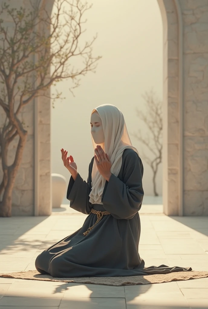 (A beautiful girl praying inside a mosque:1.4), (white-grey short hair:1.3), (large pale green eyes:1.4), (wearing a hijab that elegantly covers her head and shoulders:1.4), (pure skin, bright eyes:1.4), (facial features expressing contemplation and tranquility:1.4), (standing in a central position with hands placed in front of her, fingers interlaced:1.3), (deep belief and devotion to prayer:1.4), (surrounded by mosque walls with exquisite architectural decorations:1.3), (exceptional windows allowing light to filter in:1.4), (calm and soothing tones of blue, brown, and white:1.3), (gentle light creating a serene atmosphere:1.4), (essence of prayer and spiritual immersion:1.4), (highly detailed, sharp, and realistic:1.3)