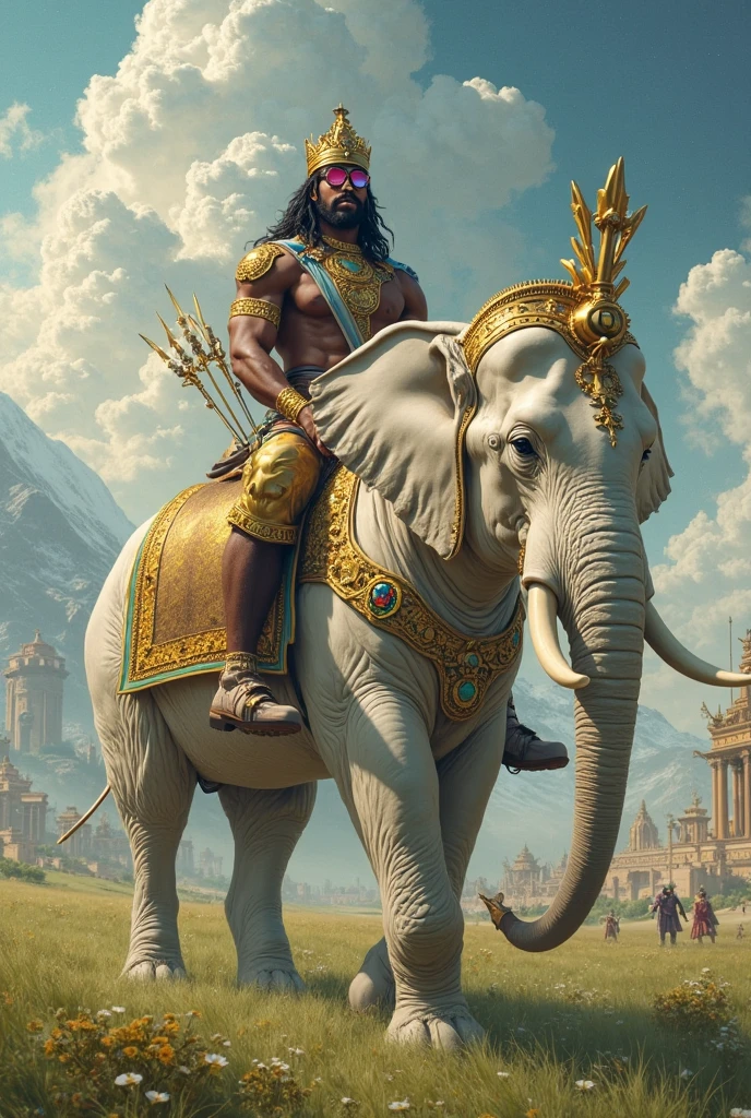 (masterpiece, best quality, oil painting:1.3), Ashoka the Great, resplendent in ornate war attire, (piercing, determined eyes:1.4), standing tall amidst a raging battlefield, clash of swords, trumpeting war elephants, gritty, dust-laden atmosphere, warm tones, turbulent sky, Greg Rutkowski inspired style.