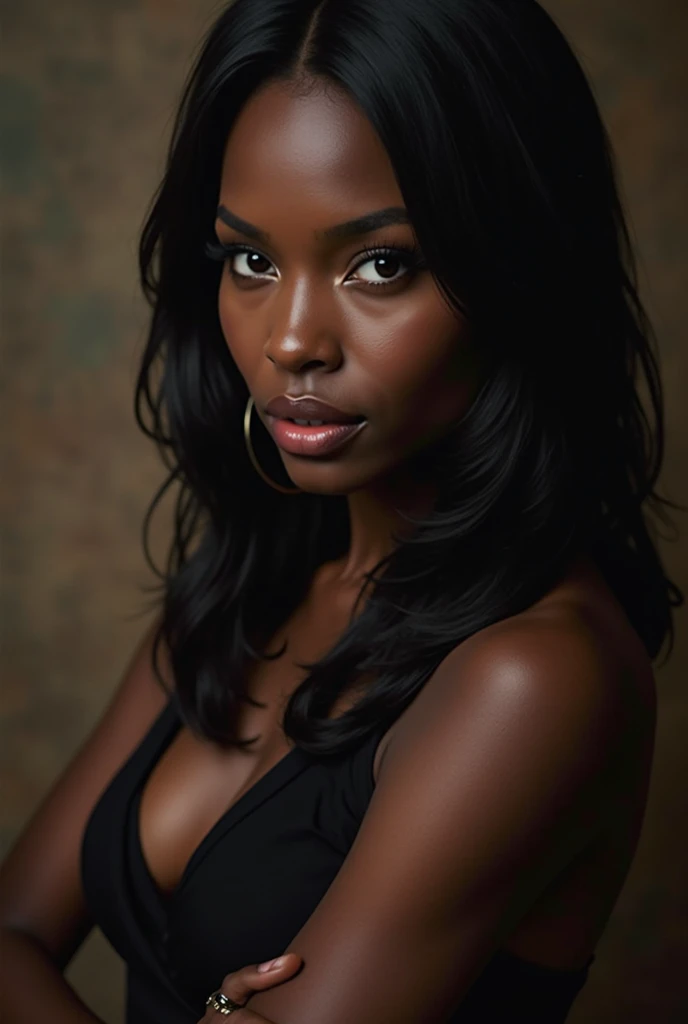 ebony woman, (to8contrast style), (Close-up portrait), open mouth, 8k RAW photo, highest quality, detailed eyes, eye reflection, winged eyeliner, (looking at the viewer:1.3), perfect eyes, best shadow, intricate details, interior, (bold hair:1.3), muted colors, high contrast style, glam shot, smoldering, (sultry:1.1), dof, bokeh, intense, languid, tempting, sensual, seductive, longing, yearning, smitten, dark photography studio, minimal lighting, deep shadows, stark contrasts, dramatic highlights, (black backdrop:1.2), dimples, fullness, plumpness, natural blue lips, bold color, alluring, captivating, striking, unforgettable, stunning, breath-taking, timeless beauty. (bare shoulders:1.2), headshot