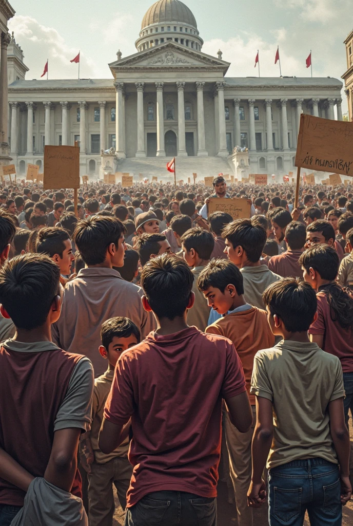 Design an image that focuses on students protesting for the restoration of the old admission system in Bihar. The students should be gathered in front of a university building, holding signs that read "Restore Fair Admissions" and "No More Discrimination." The mood should reflect determination and the desire for change.
