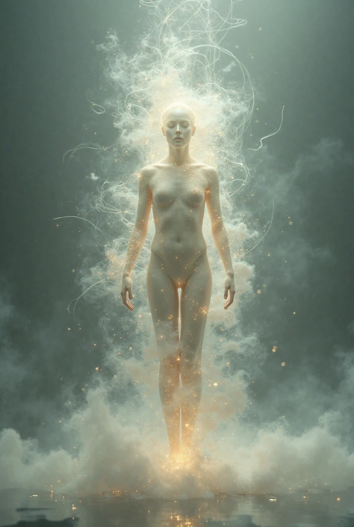 A human body made of solid matter that slowly dissolves into light or pure energy, representing the "spiritualization of matter" and the "to get rid of the burdens that we &#39;are not&#39;".