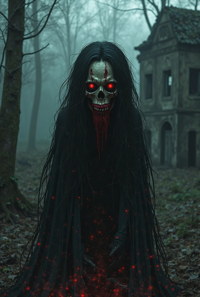 arafed woman in a creepy costume standing in a forest, horror photography, scary look, scary picture, eerie person, scary photo, very scary photo, scary ghost, horror photo, dark and horror style, creepy photography, scary pose, scary style, scary creature, scaring, award winning horror photography, horror image, beautiful with eerie vibes, dark and scary