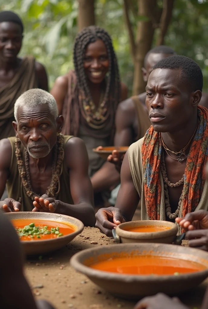 Un repas dans un ferme en Côte d'Ivoire, 3 hommes noirs mangent avec les mains dans un plat commun contenant un écureuil dans la sauce et des chenilles. Un jeune homme blanc est dégouté. Une fille noire de 8 et une jeune fille noire de 24 ans se reposent juste à côté dans des hamacs.