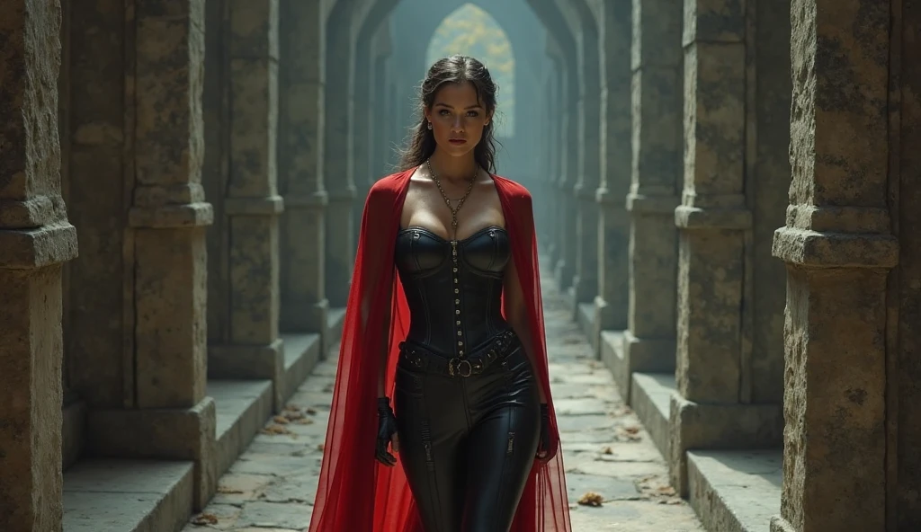 (masterpiece, top quality, best quality, official art, beautiful and aesthetic:1.2), (1girl:1.3), long and curly dark brown hair, extremely detailed, portrait, looking at viewer, solo, (full body:0.6), detailed background, close up, mischievous eyes, (warm summer castle theme:1.1), sorceress, charlatan, smirk, mysterious, walking in courtyard, revealing dark red sorcerer attire, red skirts, off shoulder, long sleeves, loose sleeves, black leather, cloak, corset, black leggings, black trousers, black pants, long brown boots, buckles, straps, pouches, magic energy, red fabric, white trim, black leather, ((((gigantic breasts, cleavage, skindentation)))), slim waist, slim hips, long legs, medieval (castle exterior:1.1) background, dark mysterious lighting, shadows, magical atmosphere, dutch angle