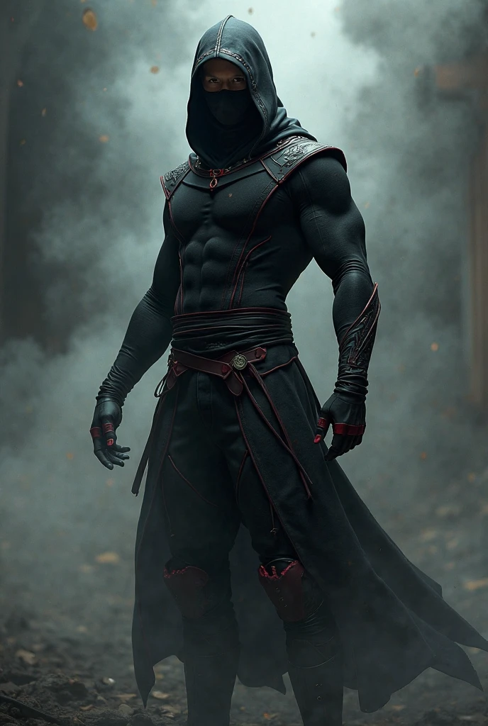 Create an image of a muscular character standing in a grassy field at night. The character is wearing an open jacket with a hood, revealing their defined abs. The jacket has red cuffs, and the character is wearing dark pants and red sneakers. Their face is partially covered with a mask, giving them a mysterious and threatening appearance. They also have gloves and possibly other accessories. The lighting is dim, adding to the dark and enigmatic atmosphere.