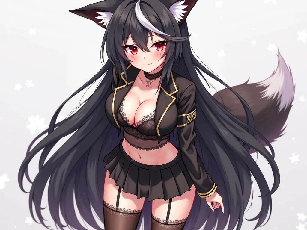 16K resolution,Anthropomorphization of wolves,femele,Black color hair,Black eyes,Black tail,Wear a black princess outfit and black stockings;Court background。 Sexy edges
