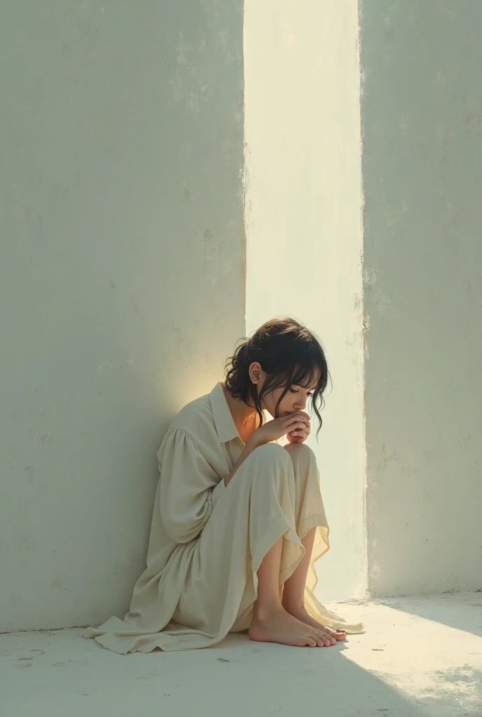Sunset light coming in through the window 、A Japanese girl in her twenties crying in the corner of a room while looking at a photo