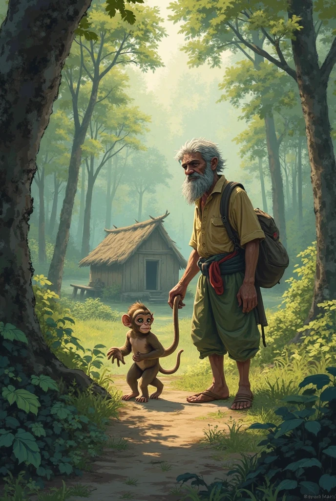 Bald man with a gray beard defending his house from monkeys in the jungle