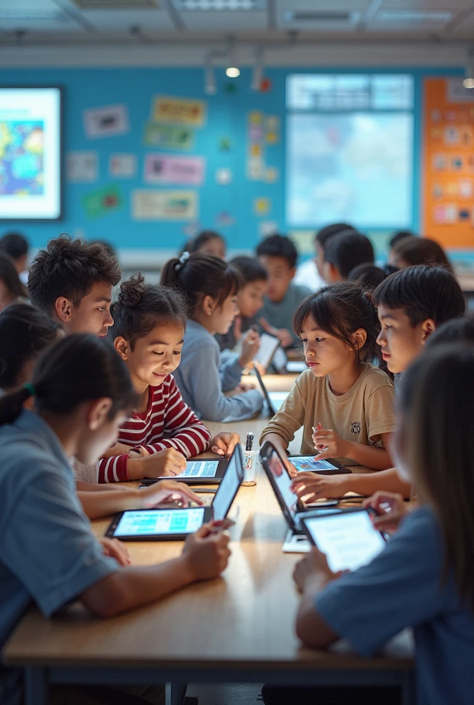 I need drawings of children using technology as a learning method, where the typical elements of technology such as tablets are reflected, telephone, computers, smart displays... in the classroom.
Please make the drawings in 3D