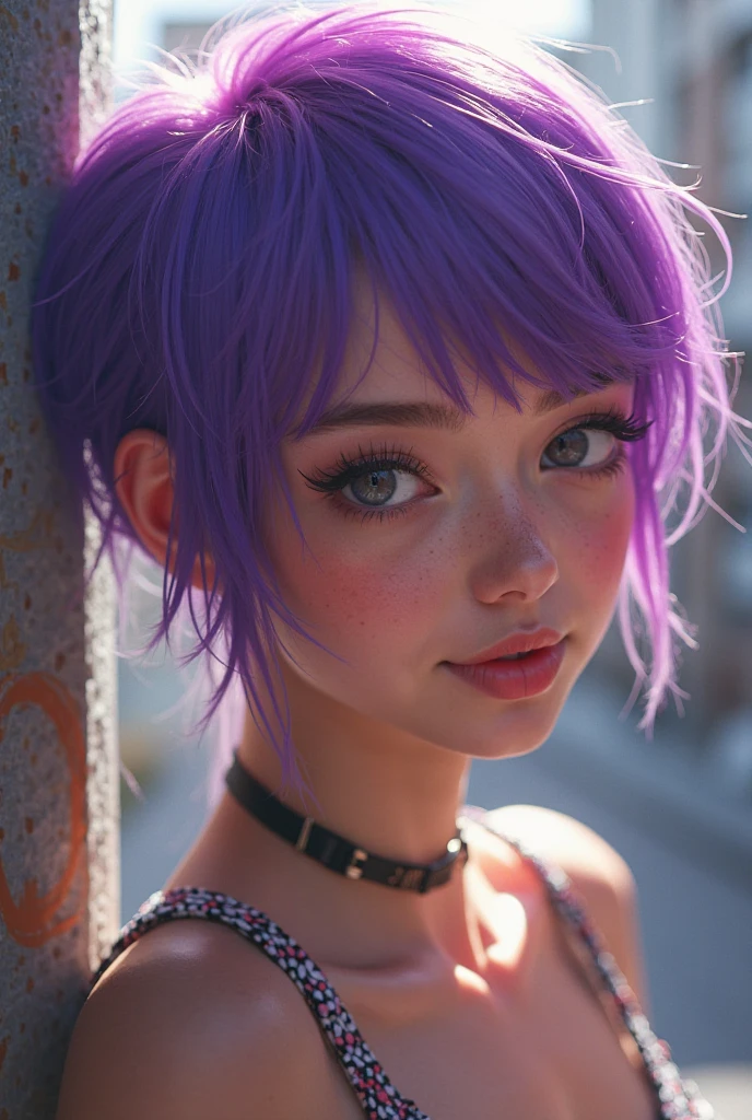 pretty young woman leaning over looking at camera, perfect symmetric gray eyes, short purple hair, blushing, thick makeup, earrings, jewelry, bracelet, purple hair, Scottish mini skirt, ultra high quality model, sharp focus, depth of field, unreal engine, masterpiece, 4k, detailed, street background