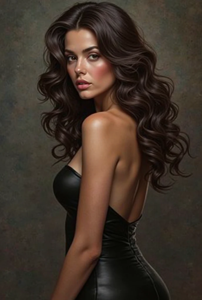 A brunette girl with curly hair and big breasts bra