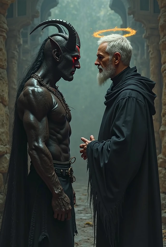 In the center of the scene, a human man (Ravi) and a devil-like figure with soft, otherworldly features are having a conversation.