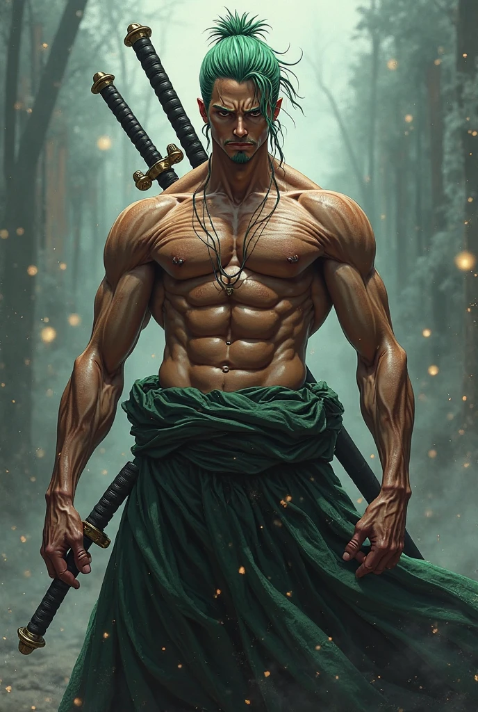 warrior with three sabers, The man is black, il a les cheveux courts et vert, he is quite muscular, il a un style comme Roronoa Zoro, il est 2 fois moins musclé.