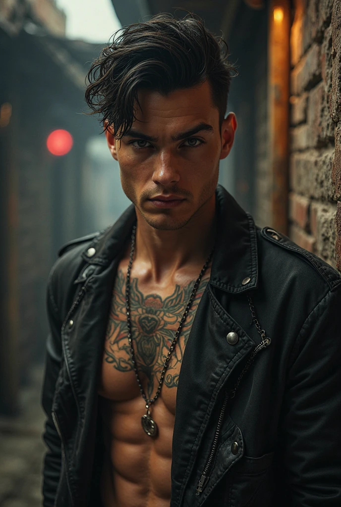 Skinny man big nose with adam's apple and tattoos with long hair
