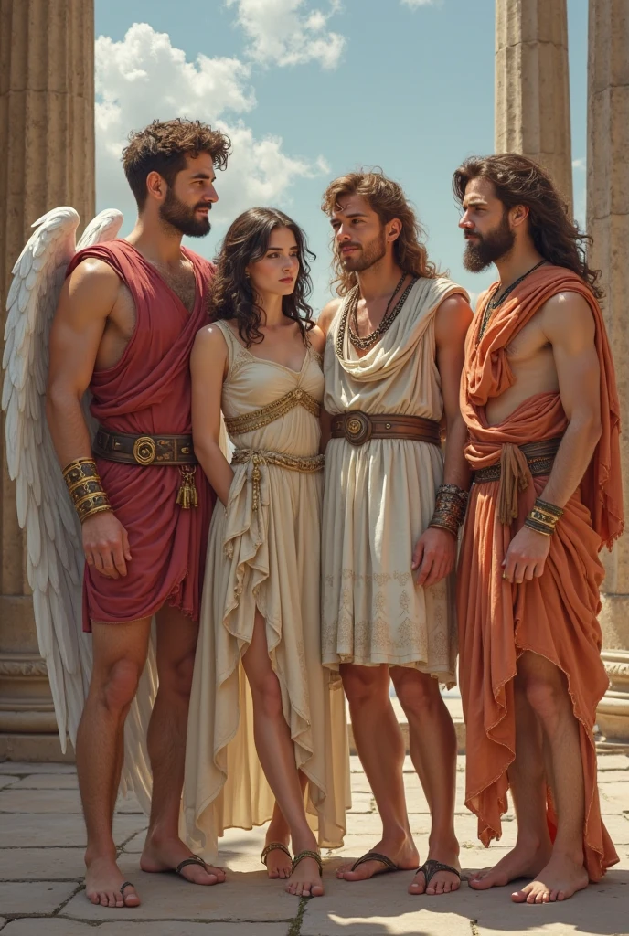 Create an image with the goddess Persephone in the middle and Zeus and Apollo beside her., only her and the two. Leave Zeus at the same height as Apollo. Persephone with brown hair and beardless Apollo
