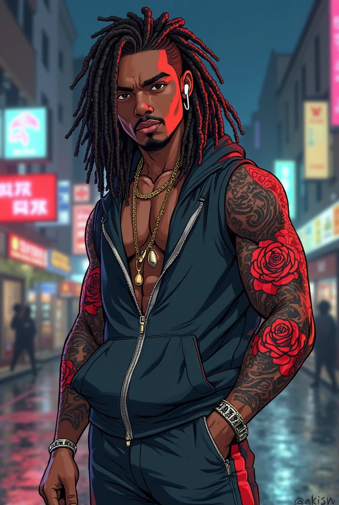 ((Artwork, 8K, 2000s anime style, very detailed)), 1 black man, muscular body, black dreadlock hair, serious look, wearing a black balaclava mask, shirtless, wearing a silver cross necklace, with a tattoo all over his body, wearing black pants with cross symbols, wearing white fingerless gloves on his hand, wearing black sneakers.