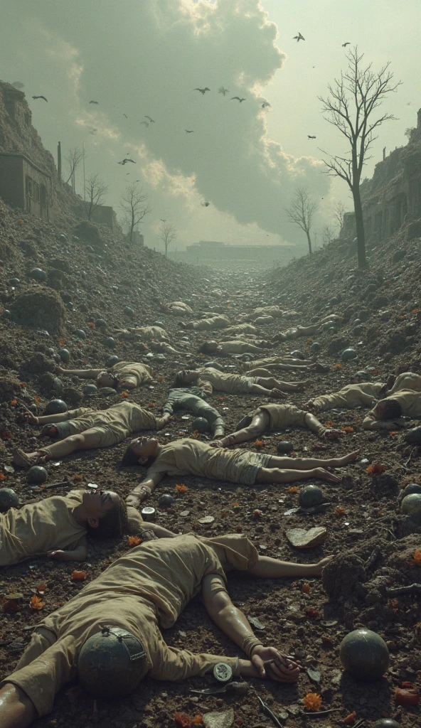 Several bloody corpses lying on a desolate piece of land in the outskirts, with a strong smell of death permeating the air, a gloomy sky hinting at the horror and danger of this place, ,in the style of the stars art group xing xing, 32k, best quality, masterpiece, super detail, high details , by Manhwa