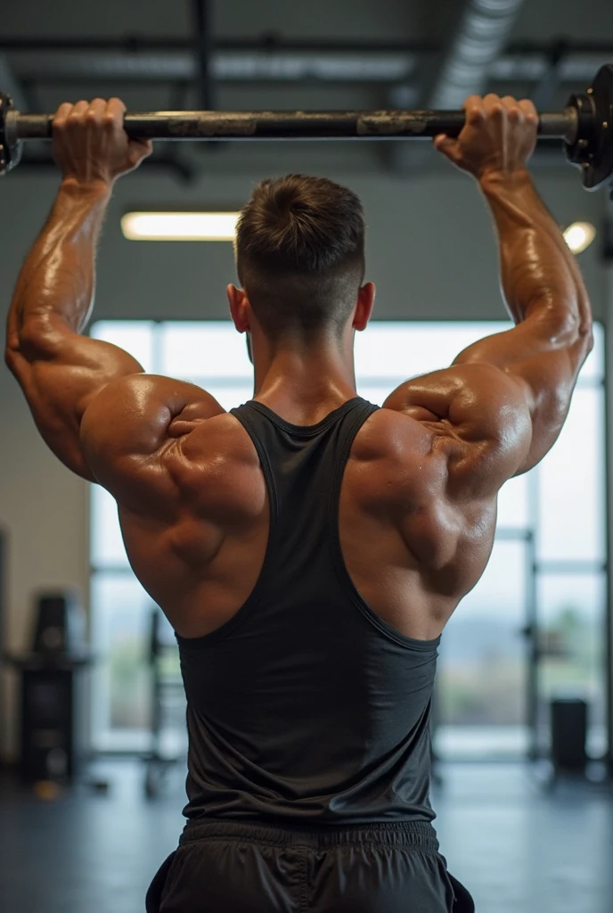 (one or two bodybuilders:1.4), (back view:1.4), (tank top:1.4), (at gym:1.4), 40's, Japanese man, manly face, fat face, (round face:1.4), (monolid eyes:1.2), (buzz cut:1.4), very large and strong body, bulky body, beefy muscles, (bulging muscles:1.4), (very large pectoral muscles:1.4), (muscular arms:1.4), muscular abs, muscular legs, muscular back, brightens oily skin, master piece, (realistic:1.4), panorama, distant view