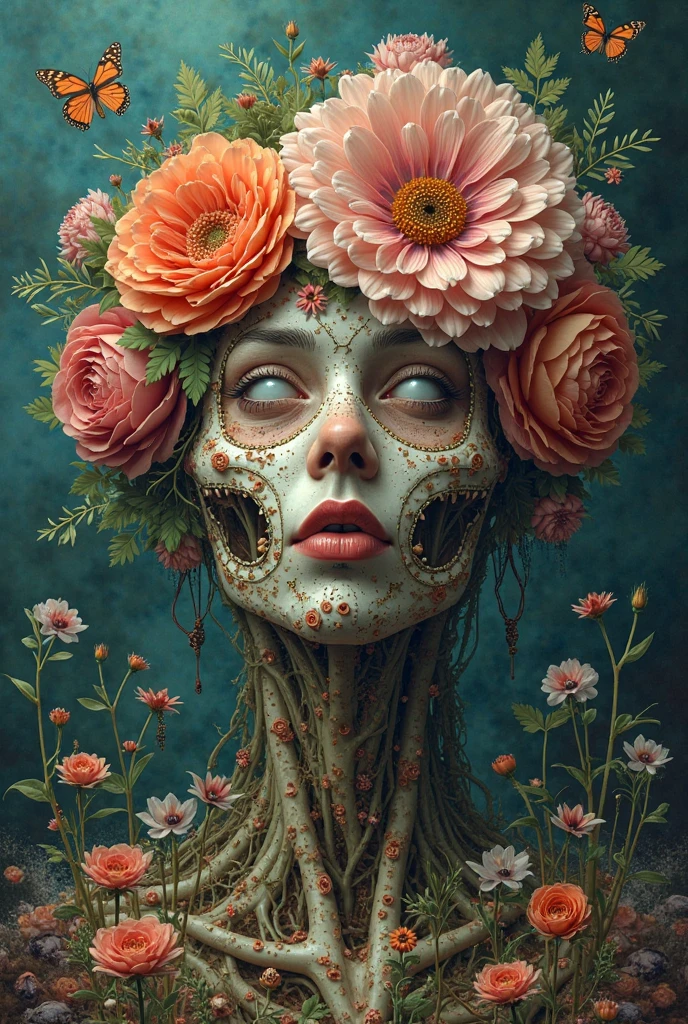 a close up of a person with a creepy face and a flower, macabre art, horror fantasy art, stefan gesell, fantasy horror art, detailed 4k horror artwork, dark fantasy horror art, horrific digital art, scary detailed art in color, horror macabre face, horror!! highly detailed, horror surreal art, hyper realism scary, elegant horror artwork