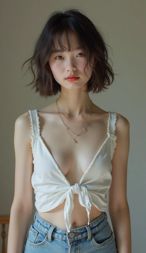 (1 person, , Full body portrait, Small breasts, Short Bob Hair, White panties, Nipples are visible), Fair-skinned, shiny thin lips, skinny, Body Type, Delicate and sexy collarbone, Highest quality, RAW Photos, Realistic, face, Incredibly beautiful, cute, Depth of written border, High resolution, 超detailed, detailed, Very detailed, extremely detailed eye and face, Sharp pupils, Sharp focus, Cinema Lighting