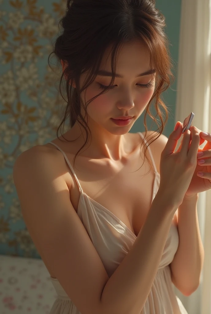 (((Medium hair))), best qualtiy, 8K, hdr, A high resolution, absurderes:1.2, blur backgroun, Background bokeh:1.2, photography of, (RAW photo:1.2), (真实感:1.4), (Masterpiece:1.3), (complexdetails:1.2), 1girll, 独奏, japanaese girl, delicated, Beautiful detailed, (Detailed eyes), (Detailed facial features), Bigboobs, (((Large breasts))), Skin Firm, (Looking_at_peeping at the viewer), From_Front, （being thin），（best qualtiy：1.4），（超A high resolution：1.2），cinematic lighitnglamplight，（Extremely detailed illustration），（Gloss on lips，best qualtiy，超A high resolution，depth of fields，Caustics，Extensive illumination，naturalshadow，85mm， f/1.4, iso 200, 1/160s:0.75),1girll, Solo, (((Silk vest))) Smile, ((silk garment,pleatedskirt,‎Classroom))