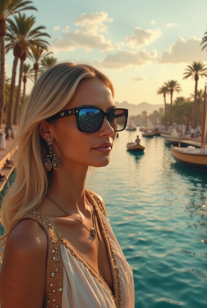 create an influencer,blonde hair,Scandinavian,light eyes,light brown skin,spotty,girl next door,summer dress with floral pattern,sunglasses on, in Dubai, twilight