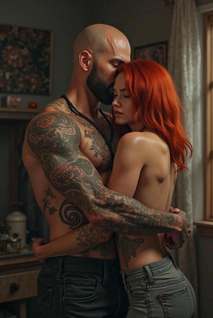 A male, with very strong and veined arms, hairy chest, with marked abdomen, a very penetrating look, eyes the color of honey, with beard, a tattoo on the left elbow of a spider web, redhead, with a marked penis, doing a pose, showing his strong arms. Kissing a young, skinny guy