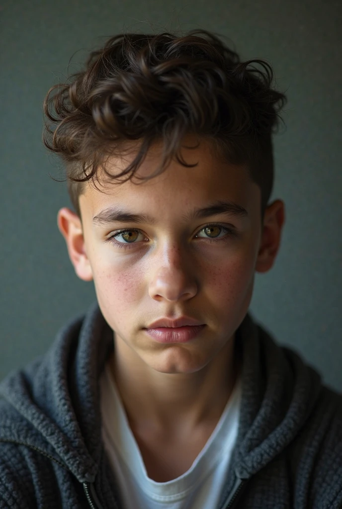 15 year old young man, student, Brown hair, delgado, Brown eyes, short hair.