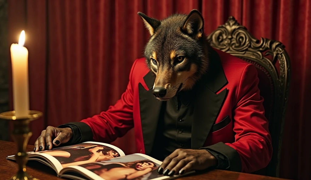 A wolf dressed in a suit with glasses surrounded by beautiful naked women