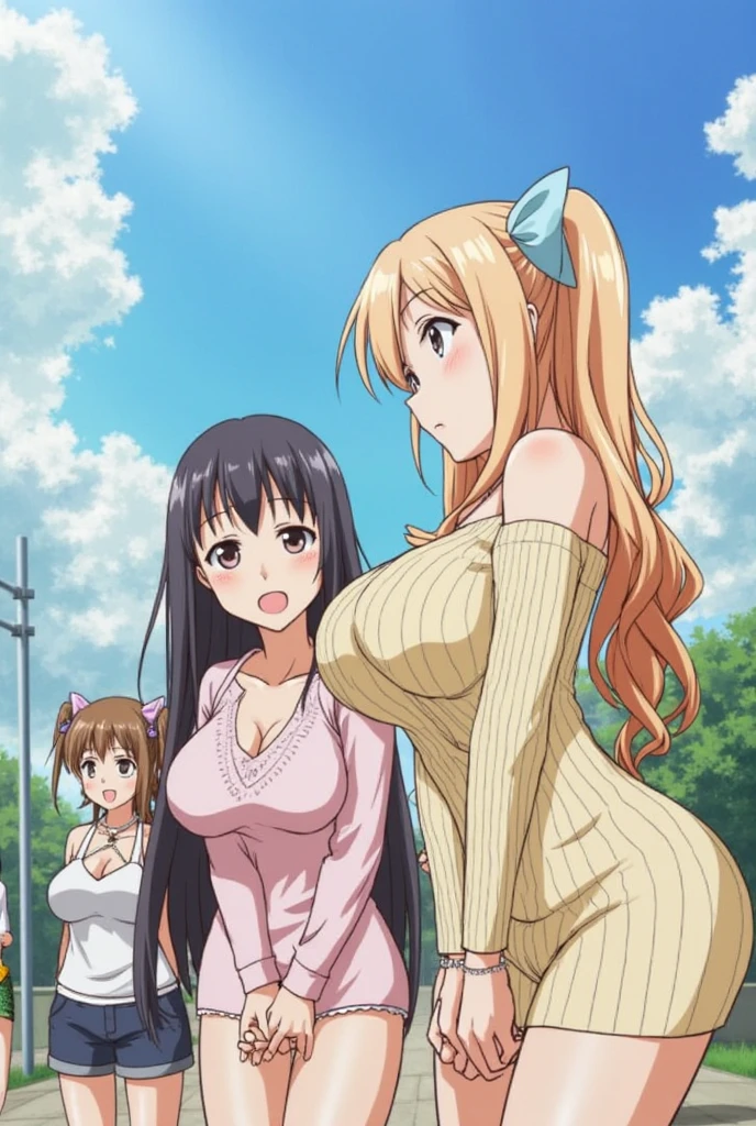 highest quality, Ultra-high resolution, (Realistic: )2D official style cel animation,((Three skinny girls sitting side by side on the stairs in front of the station))Idol Costumes.mini skirt,(Lace panties),Knee-high boots、Full body portrait,(The Idolmaster Shiny Colors),Live Stage、from the front