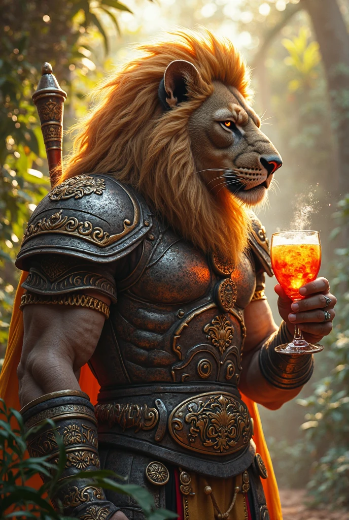 A stunning 3D rendering illustration of an white-furred teenage tiger, portrayed as a muscular warrior. The tiger is dressed in a fashionable and elaborate armor, adorned with intricate designs and a cape. In a surreal forest cafe setting, the tiger is shown sipping wine from a glass, exuding a strong and confident presence. The atmosphere of the scene is cinematic, with a touch of anime and conceptual art, creating an immersive and visually captivating experience., conceptual art, cinematic, anime, 3d render, fashion, illustration