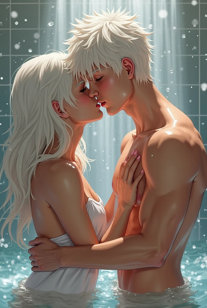 A man with white hair and a girl with dark hair lie on the water and embrace, while they are consumed by fire. gegensatz von Eis und Feuer, trending on instagram, masterpiece, photorealism, ultra high resolution