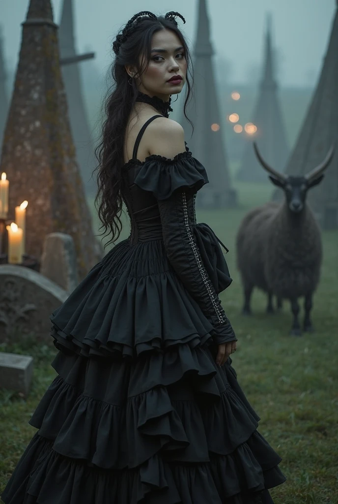 Create a lady in a black dress with a gothic style corset and queen ...