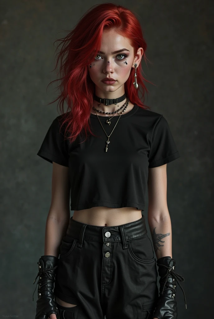 (medium full shot) of (edgy emo girl) young woman, Average build, short red updo hair, british, fair skin, hazel eyes, wearing a deep red punk dress , creepers, dark red lipstick, smoky eyeshadow, heavy eyeliner, chain belt beanie, set in an artistic bedroom, with creative decor, emo posters, musical instruments, and personalized mess , woman smiling, detailed face, ,Masterpiece,best quality, photo, realistic, very aesthetic