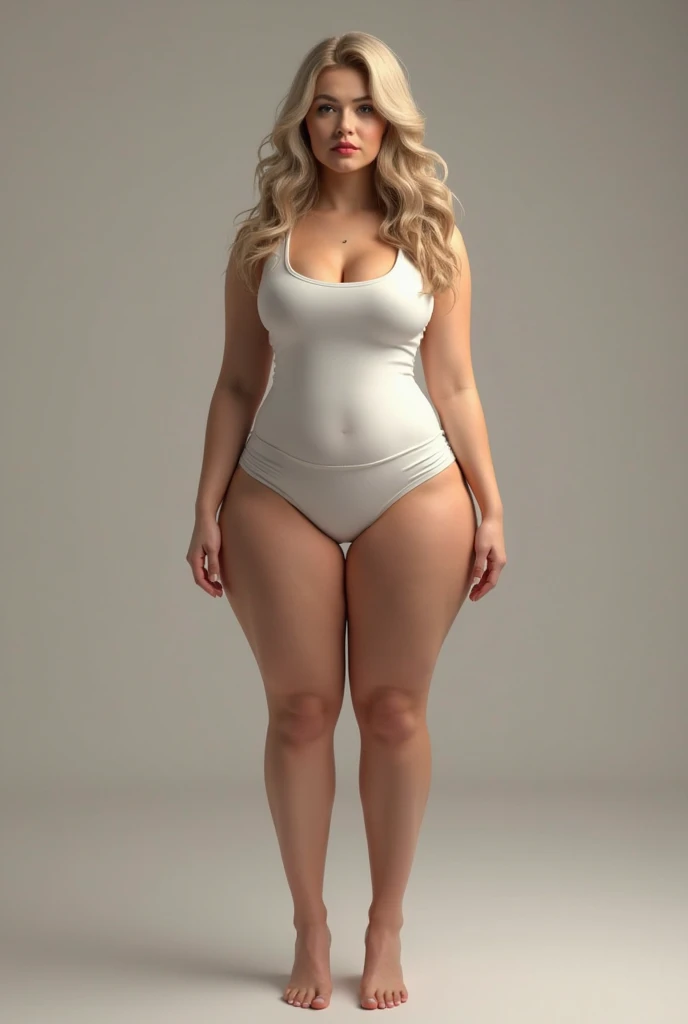 full body shot, arafa blonde woman, pale skin, detailed and sexy face, face with fine and sensual features, voluminous hair down to the shoulder, athletic body and defined muscular volume, muscular legs, (thick thighs), she is barefoot on tiptoe , wearing only a loose shirt