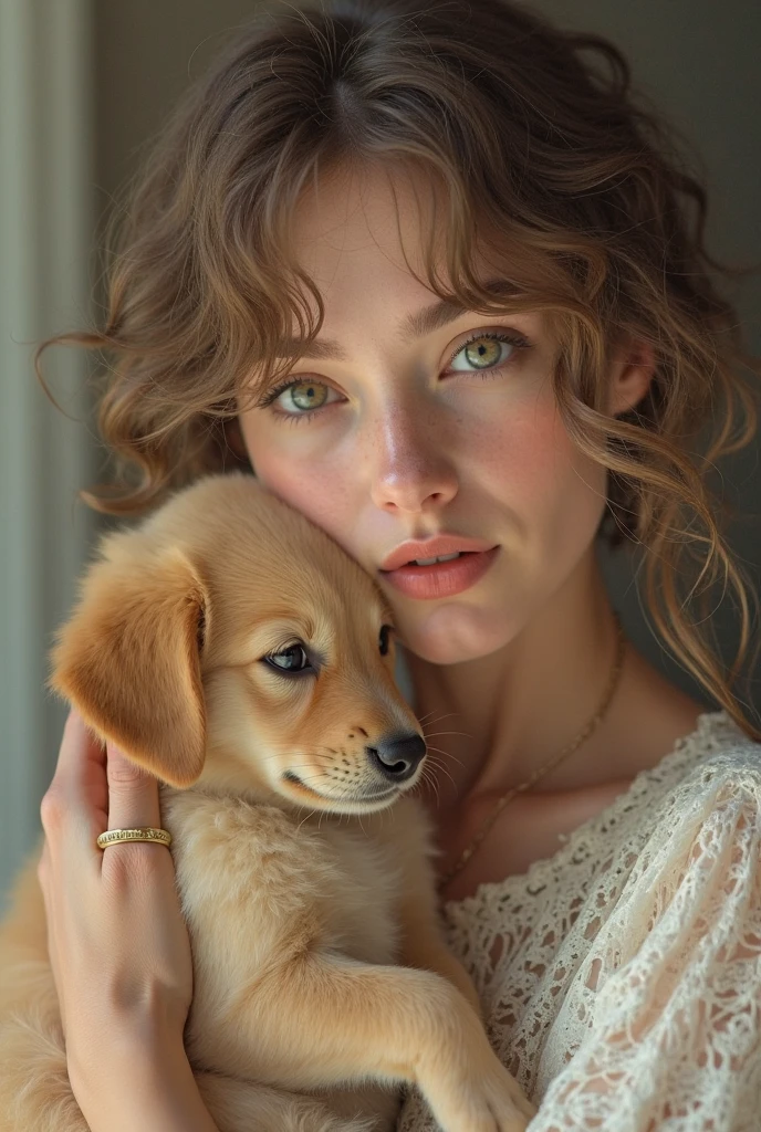 35-year-old woman with medium, light brown hair, wearing a long, sleeveless dress with a white poodle in her lap