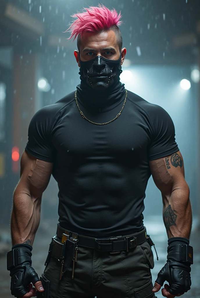 It generates a young man, he has scars on his body, he has a black balaclava on his head that covers his entire face except his eyes and mouth, some very thick silver chains on his neck, some chains on his hands and, this Without a shirt, he has a very hairy body, he has tattoos on parts of his body, he is muscular and very sweaty, he has gray jeans that are too big on him, and his boxer shorts stick out a little, and he is in the background in a jail , with metal bars in front of it