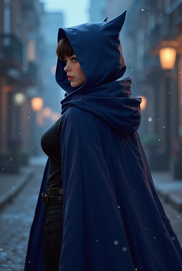 South korea women mystery hooded on with modern royal Blue coat with buttons and royal Blue cape and very high white heel over the knee and white gloves, As she reveals a small secret hidden blade, adding to the character’s mysterious and agile appearance, with small movements of air on the cape, in summer at night under the rain, with buildings featuring curved eaves and detailed architecture. The scene is set at night, she slit a person's throat , intricate detail, ultra detail, incredible detail, intricate detail, extremely detailed and intricate, super max, masterpiece, best quality, HDR, UHD, unreal engine. , beautiful face, Rich in details High quality, gorgeous, captivating, 8k, super detailed, stunning shadows, detailed lines