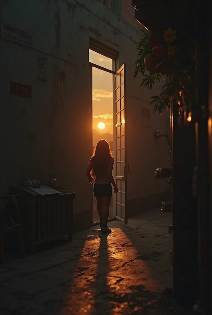 a beautiful 34 year old woman, with red long hair in a braid, looks out through a window in her bikini. it's in the big city and it's evening, the lanterns are already on, and the moon is in the background, smile, Canon, f/2.8, Wide-Angle, 360 view, highres, 4K